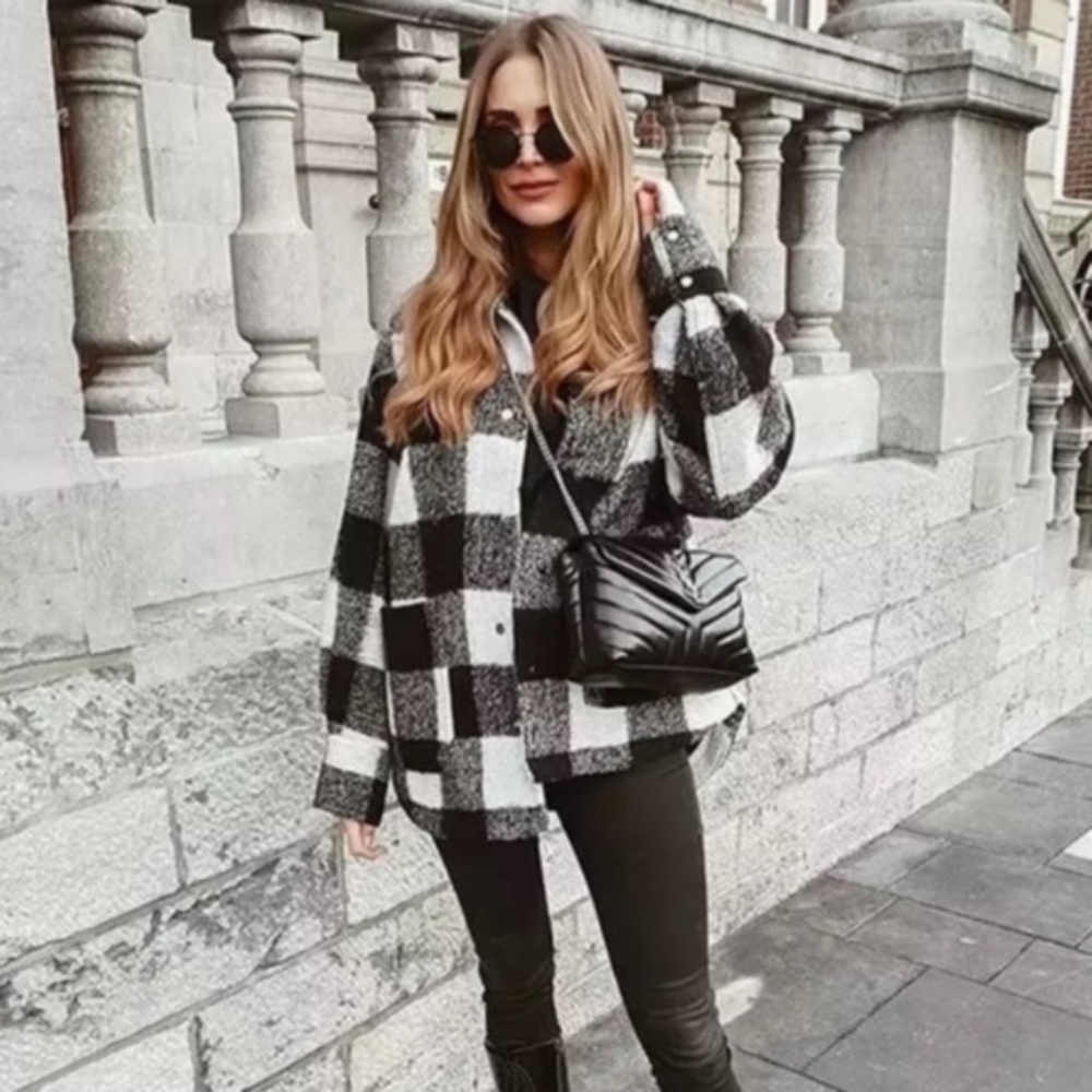 Boyfriend Fit Plaid Jacket Coat Black White - Picture 15 of 16